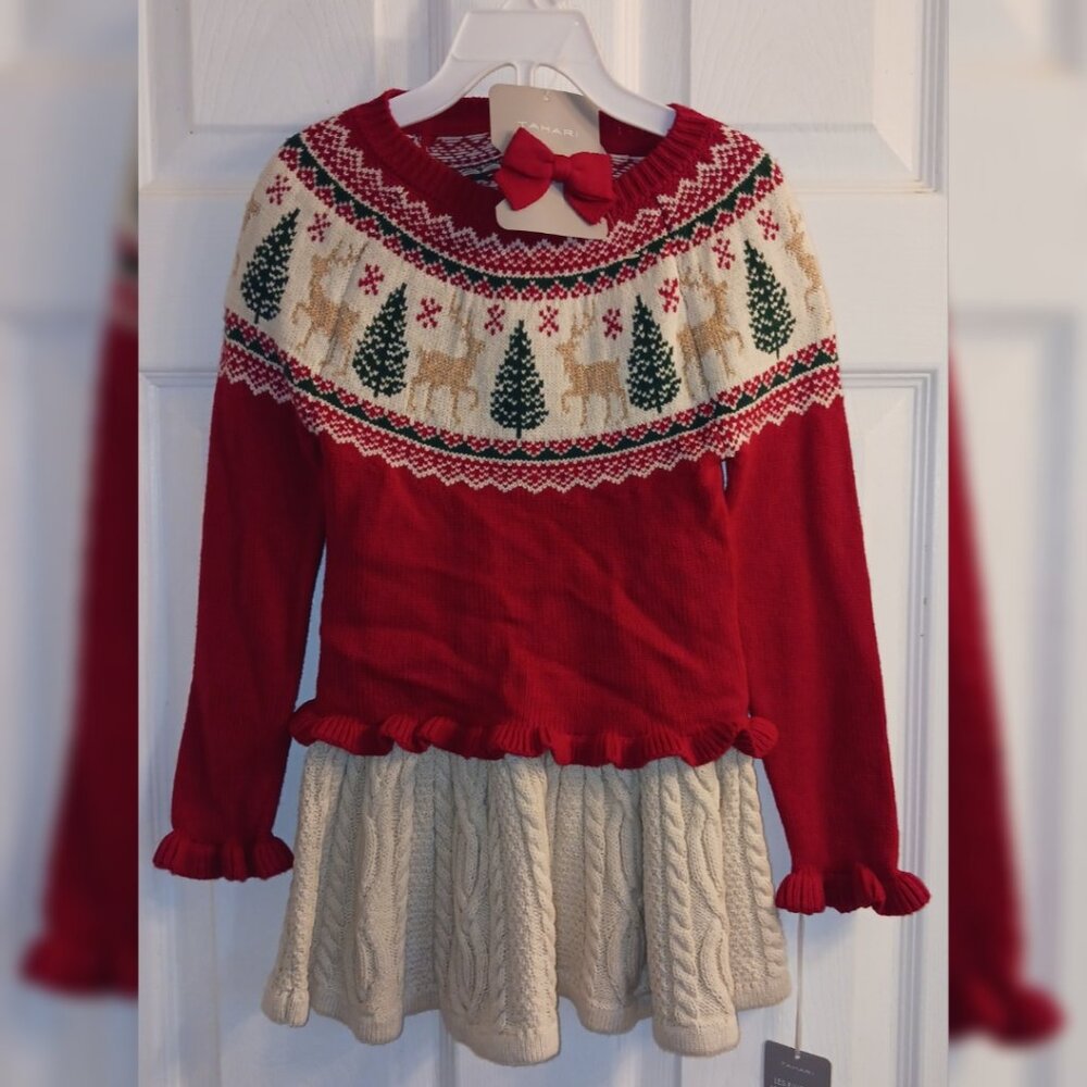 Tahari 3 Piece Christmas Cable Knit Skirt Sweater & Bow Trees Reindeer 4T NWT